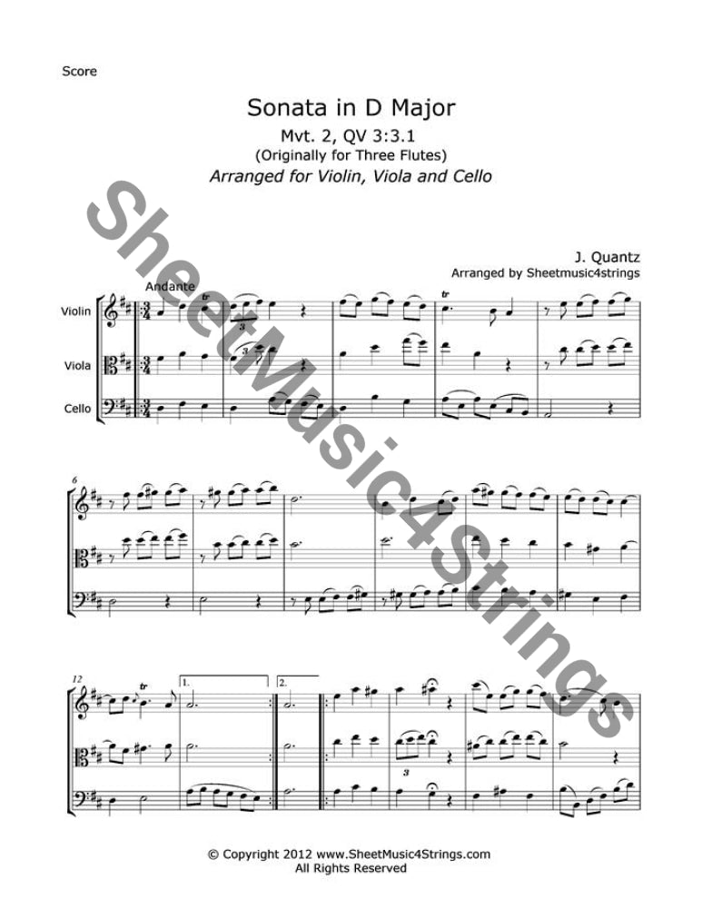 Quantz J. - Sonata In D Major Mvt. 2 (Violin Viola And Cello) Trios
