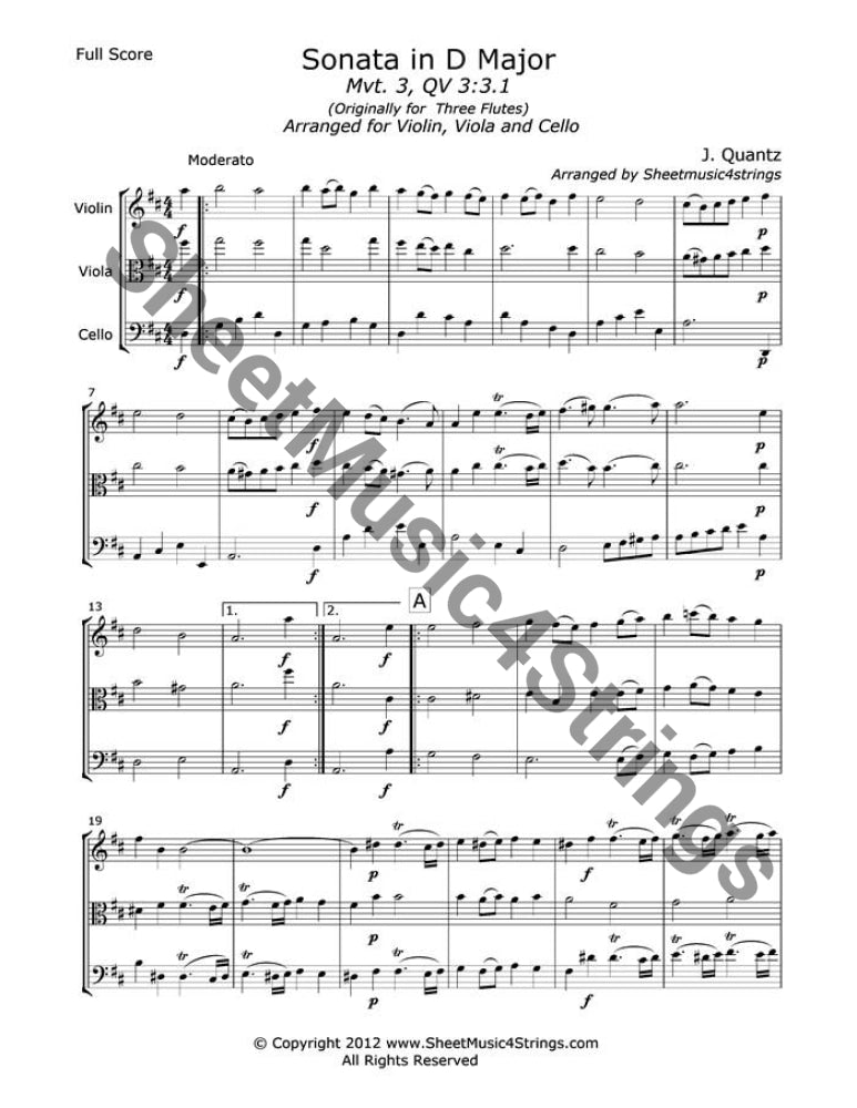 Quantz J. - Sonata In D Major Mvt. 3 (Violin Viola And Cello) Trios