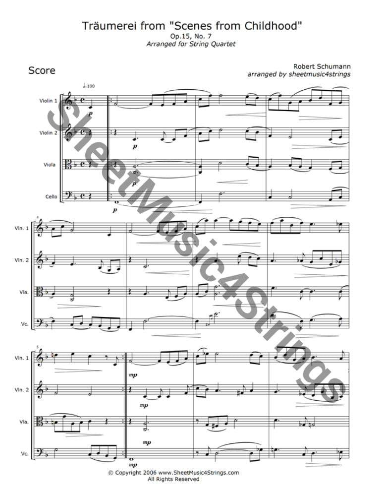 Schumann, R. - Traumerei - from "Kinderszenen" (Quartet)Robert Schumann (1810-1856) was a talented pianist, music critic, and composer. He married the pianist and composer Clara Wieck, and in his short life composed 4 SymSchumann, R.