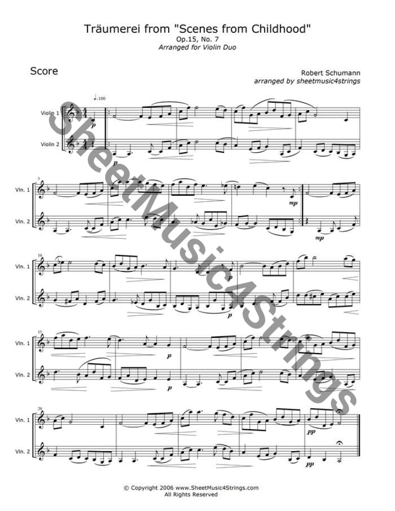 Schumann, R. - Traumerei (Violin Duo)Robert Schumann (1810-1856) was a talented pianist, music critic, and composer. He married the pianist and composer Clara Wieck, and in his short life composed 4 SymSchumann, R.
