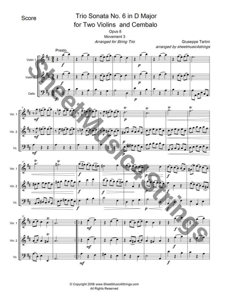 Tartini  Sonata No. 6  (2 Vlns and Cello Trio)Guiseppe Tartini, (1692-1770) an Italian, was a violinist and wrote many works featuring this instrument. He is most well known for writing the violin sonata commonlTartini, G.