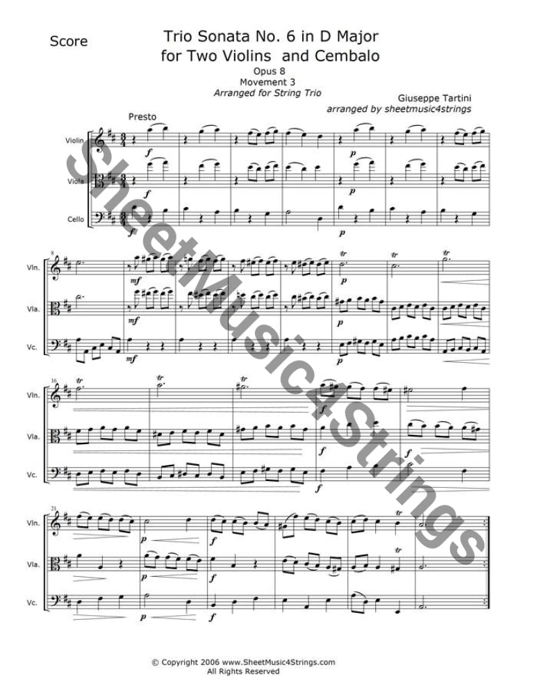 Sheet music for Trio Sonata No. 6 in D Major by Giuseppe Tartini