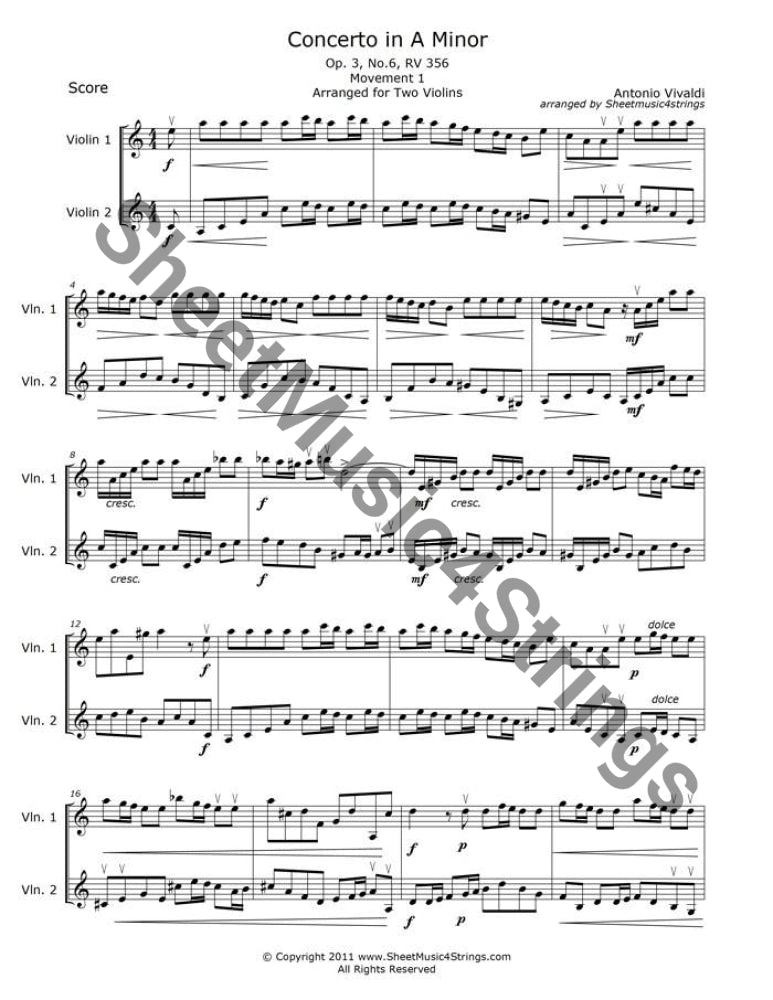 Vivaldi, A. - Concerto in  A Minor, Mvt. 1 (Violin Duo)Antonio Vivaldi (1675-1741) was an Italian priest, violinist and composer, well-known in his day for the both his violin virtuosity and the many concertos, trio sonaVivaldi, A.