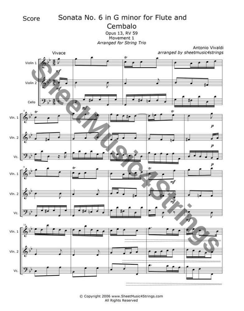 First movement of Vivaldi’s Sonata No. 6 in G minor (RV 59) sheet music