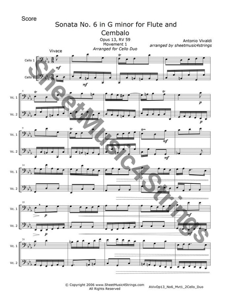 Sheet music of Vivaldi’s Sonata No. 6 in G minor arranged for cello duo