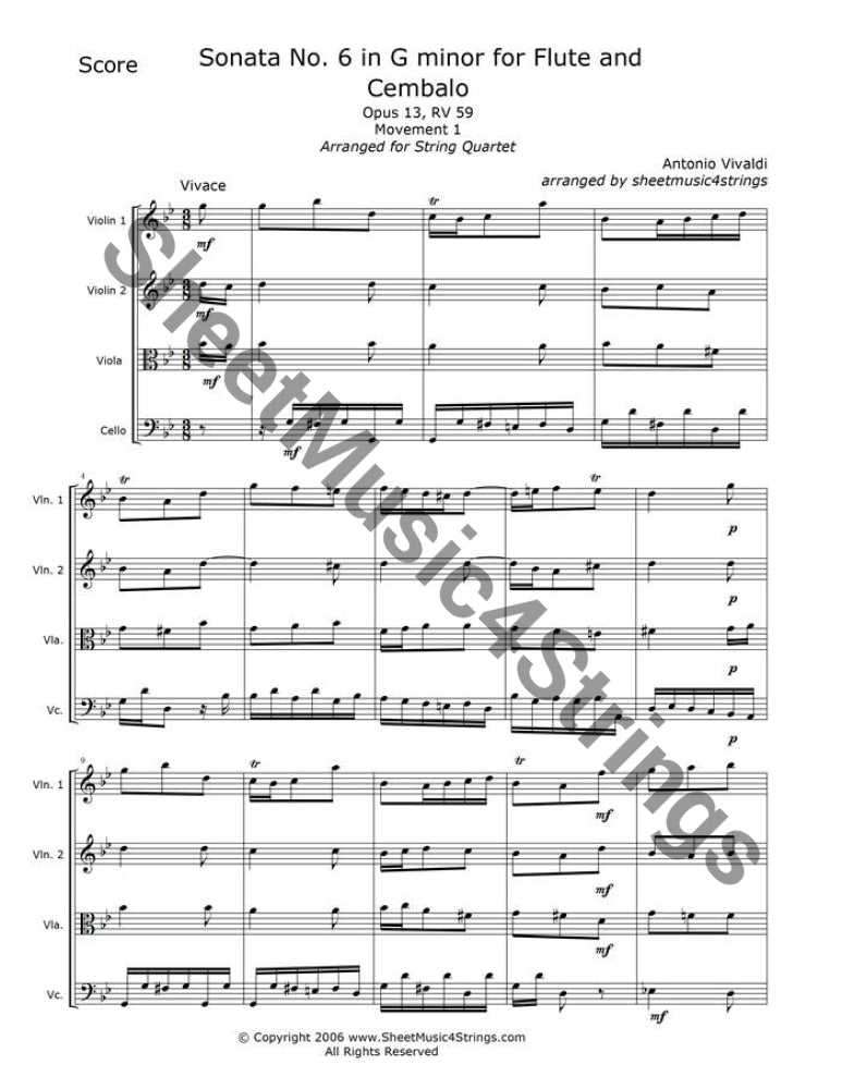 Sheet music for Sonata No. 6 in G minor attributed to Antonio Vivaldi.