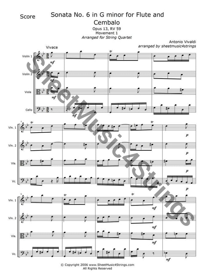 Sheet music for Sonata No. 6 in G minor attributed to Antonio Vivaldi.