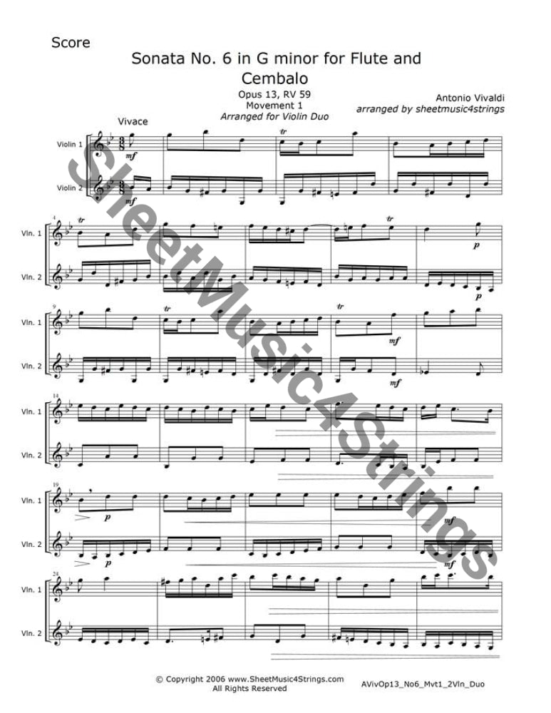 Sheet music of Vivaldi Sonata No. 6 in G Minor, Op. 13 Il Pastor Fido