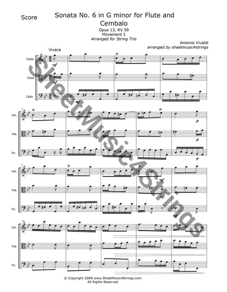 Sheet music first page of Sonata No. 6 in G minor by Vivaldi vlnvlacello