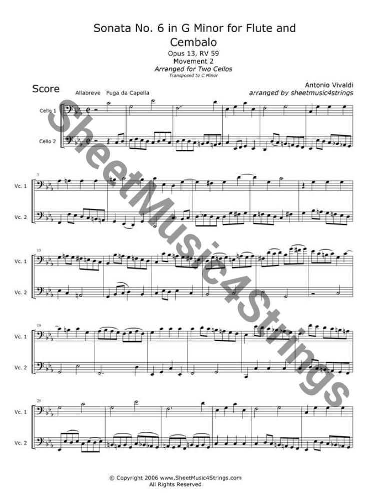 Vivaldi, A. - Sonata No. 6 in G Minor, Op. 13, RV 59, Mvt. 2 (Cello DuAntonio Vivaldi (1675-1741) was an Italian priest, violinist and composer, well-known in his day for the both his violin virtuosity and the many concertos, trio sonaVivaldi, A.
