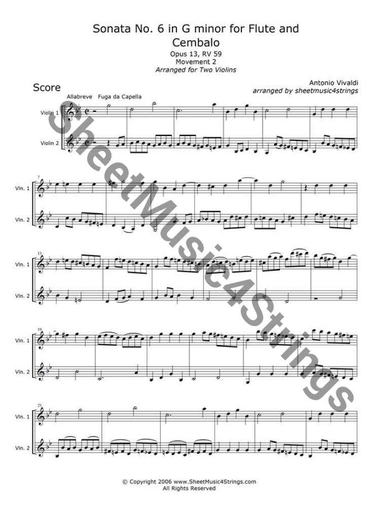 Vivaldi, A. - Sonata No. 6 in G Minor, Op. 13, RV 59, Mvt. 2 (Violin DAntonio Vivaldi (1675-1741) was an Italian priest, violinist and composer, well-known in his day for the both his violin virtuosity and the many concertos, trio sonaVivaldi, A.