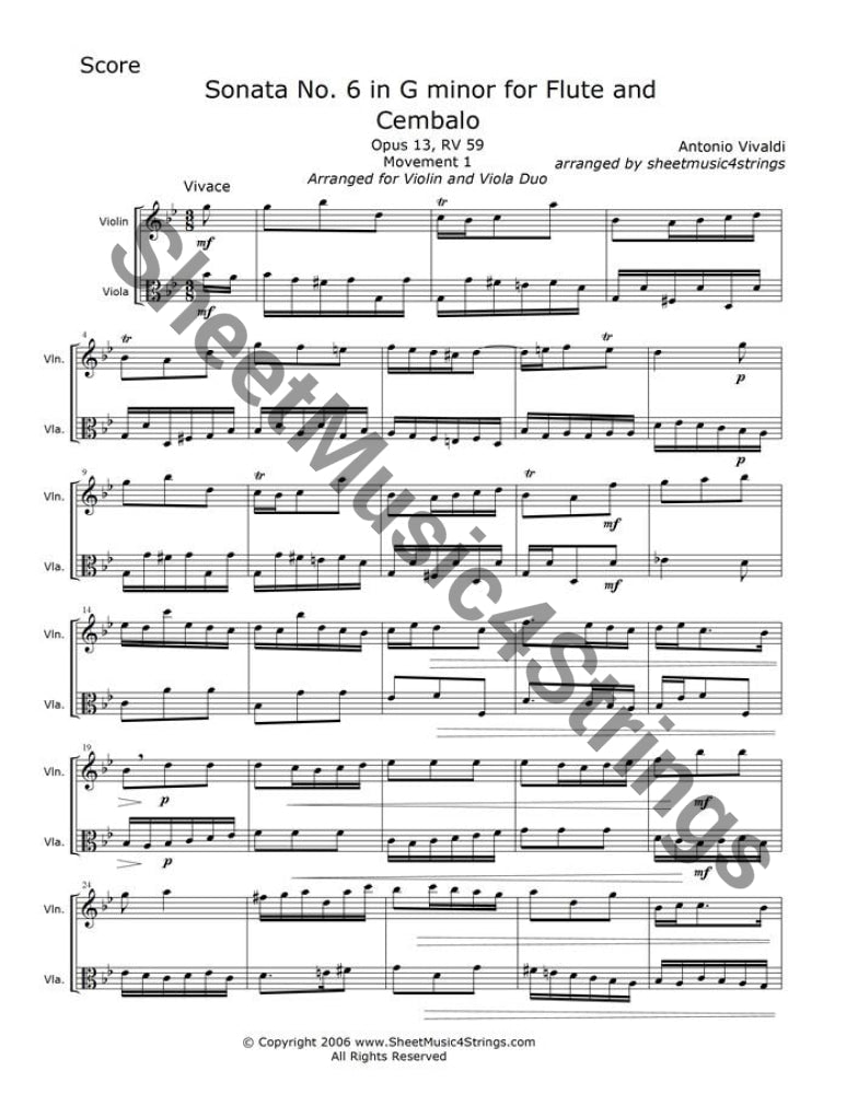 Sheet music for the first movement of Sonata No. 6 in G minor by Antonio Vivaldi.