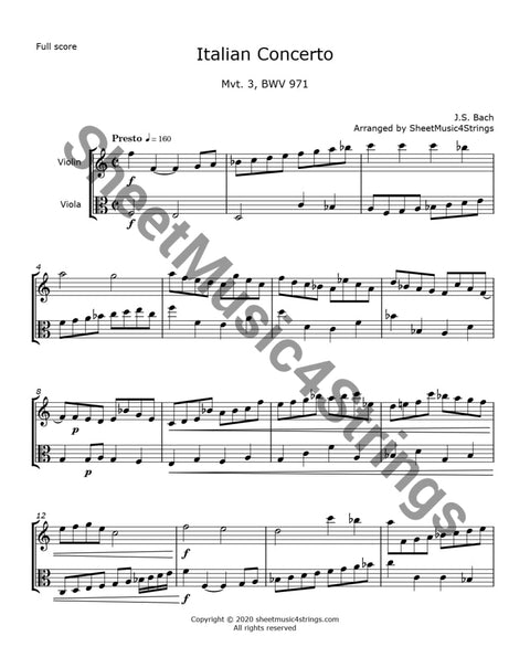 Bach, J.S. - Italian Concerto, Mvt. 3 (Violin and Viola Duo) page one