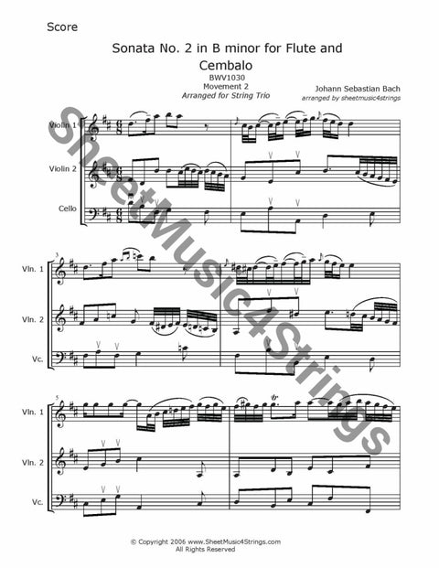 Bach J.s. - Sonata No. 2 In B Minor Bwv 1030 Mvt. (Two Violins And Cello Trio) Duos