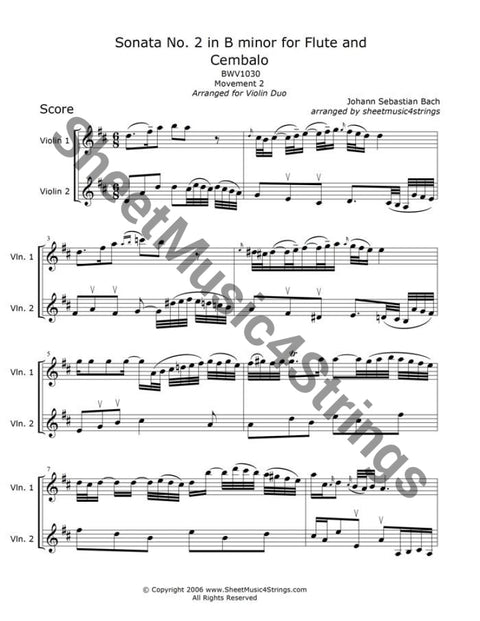 Bach J.s. - Sonata No. 2 In B Minor Bwv 1030 Mvt. (Violin Duo) Duos