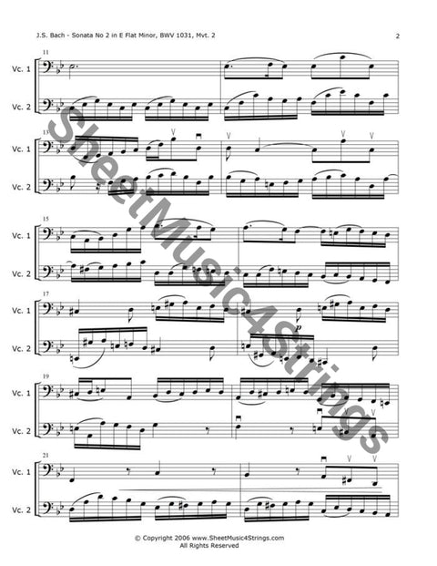 Bach J.s. - Sonata No. 2 In E Flat Bwv 1031 Siciliano (Cello Duo) Duos