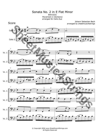 Bach J.s. - Sonata No. 2 In E Flat Bwv 1031 Siciliano (Cello Duo) Duos