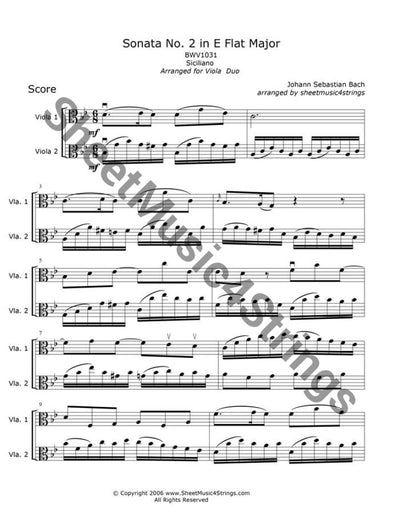 Bach J.s. - Sonata No. 2 In E Flat Major Bwv 1031 Siciliano (Viola Duo) Duos