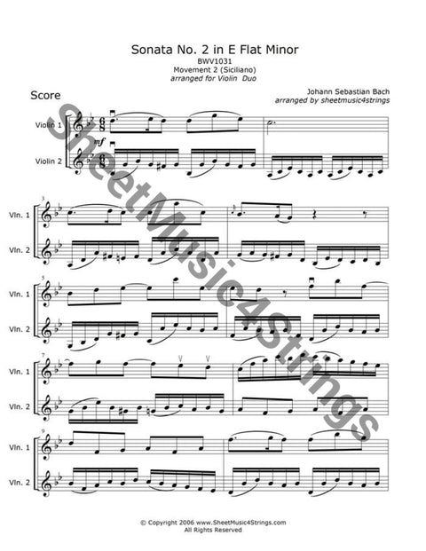 Bach J.s. - Sonata No. 2 In E Flat Major Bwv 1031 Siciliano (Violin Duo) Duos