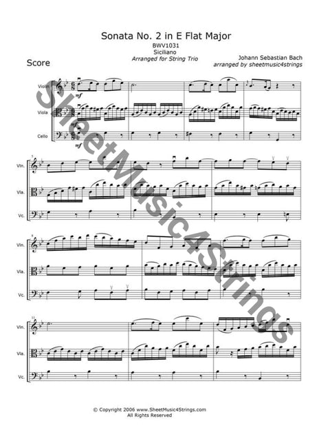 Bach J.s. - Sonata No. 2 In E Flat Major Bwv 1031 Siciliano (Violin Viola And Cello Trio) Trios