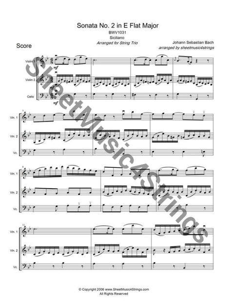 Bach J.s. - Sonata No. 2 In E Flat Major Bwv 1031 Siciliano (2 Violins And Cello Trio) Trios