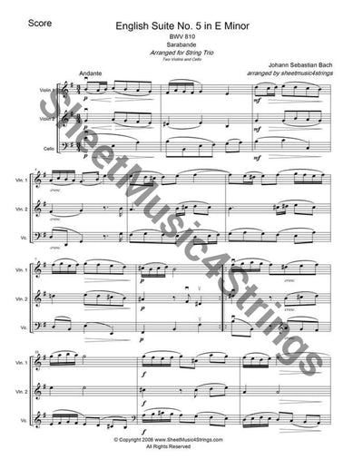 Bach J.s. - Suite No. 5 In E Minor Bwv 810 Sarabande (2 Violins And Cello Trio) Trios