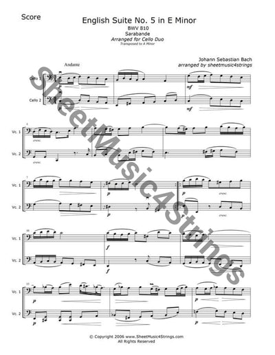 Bach J.s. - Suite No. 5 In E Minor Bwv 810 Sarabande (Cello Duo) Duos