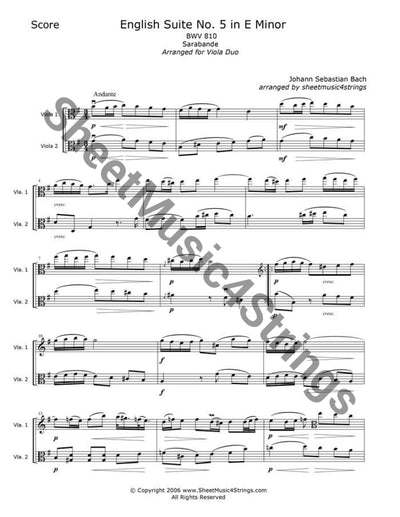 Bach J.s. - Suite No. 5 In E Minor Bwv 810 Sarabande (Viola Duo) Duos
