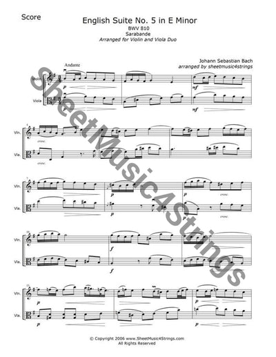 Bach J.s. - Suite No. 5 In E Minor Bwv 810 Sarabande (Violin And Viola Duo) Duos