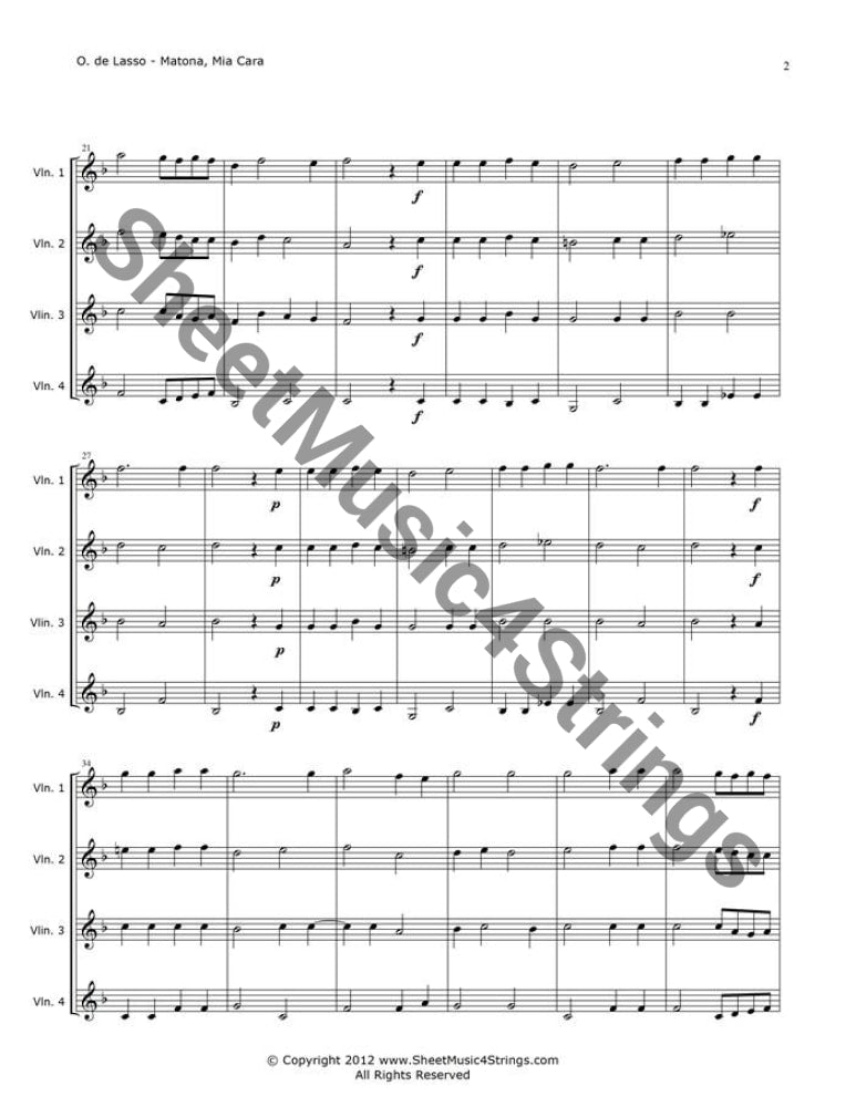 De Lasso O. - Matona Mia Cara (4 Violins) Quartets