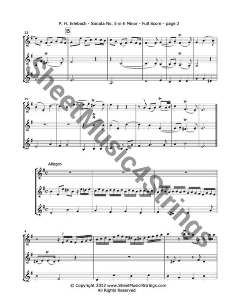 Erlebach P. - Sonata No. 5 In E Minor Mvts. 1 2 (3 Violins) Trios