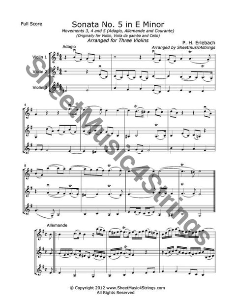 Erlebach P. - Sonata No. 5 In E Minor Mvts. 3 4 (3 Violins) Trios