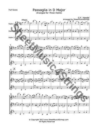 Handel G. - Passaglia In D Major (Three Violins) Trios