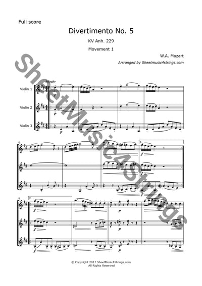 Mozart W.a. - Divertimento No. 5 K. 229 (3 Violins) Trios