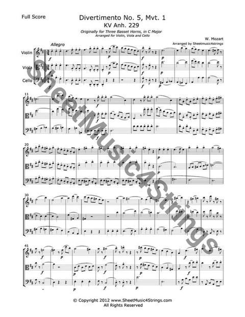 Mozart W.a. - Divertimento No. 5 Mvt. 1 (Violin Viola And Cello) Trios