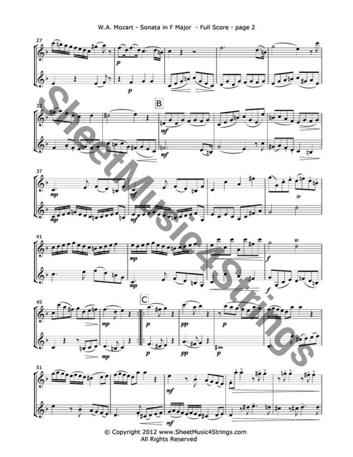 Mozart W.a. - Sonata In F Major Mvt. 1 (Two Violins) Duos