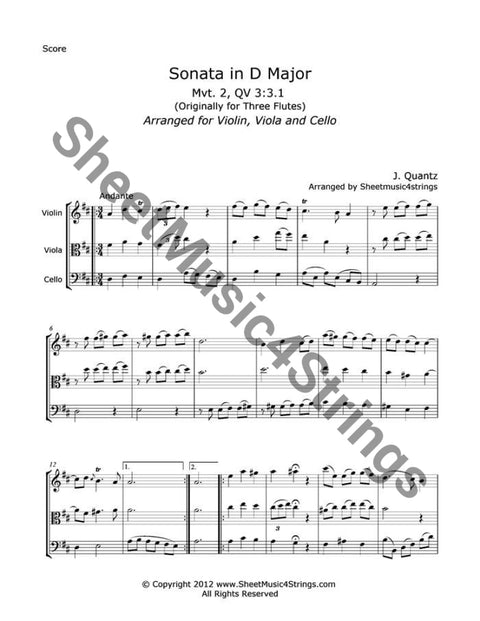 Quantz J. - Sonata In D Major Mvt. 2 (Violin Viola And Cello) Trios