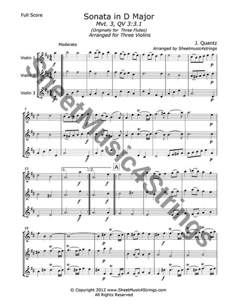 Quantz J. - Sonata In D Major Mvt. 3 (Three Violins) Trios