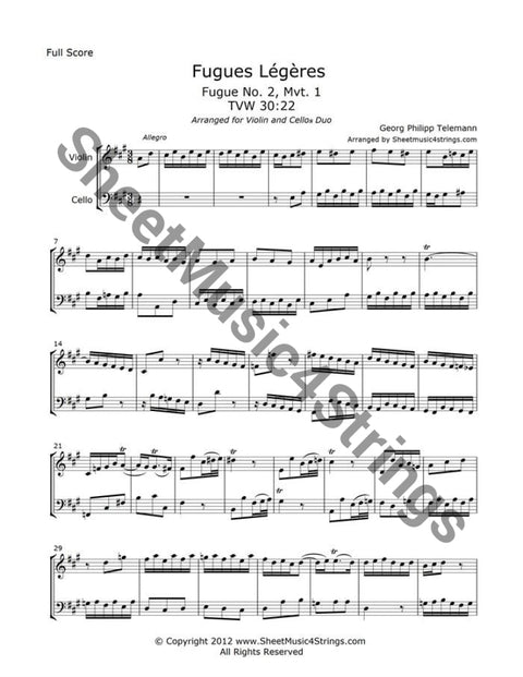 Telemann G. - Fugues Legeres No. 2 Mvt. 1 (Violin And Cello Duo) Duos