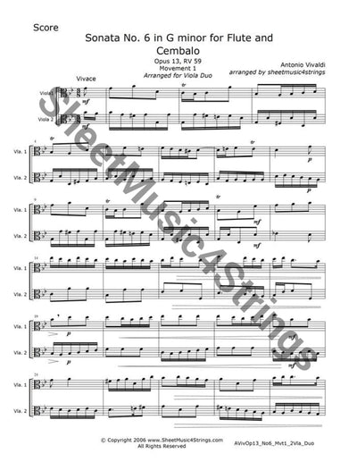Vivaldi A. - Sonata No. 6 In G Minor Op.13 Rv 59 Mvt. 1 (Viola Duo) Duos