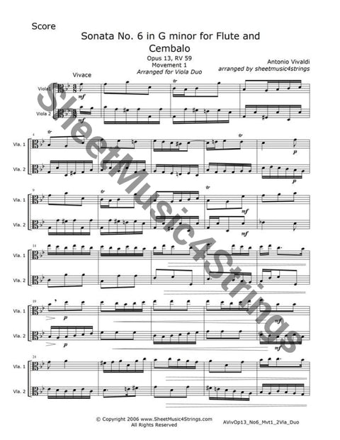 Vivaldi A. - Sonata No. 6 In G Minor Op.13 Rv 59 Mvt. 1 (Viola Duo) Duos