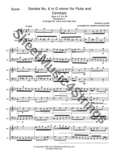 Vivaldi A. - Sonata No. 6 In G Minor Op. 13 Rv 59 Mvt. 1 (Violin And Cello Duo) Duos