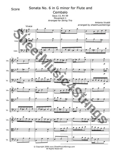 Vivaldi A. - Sonata No. 6 In G Minor Op. 13 Rv 59 Mvt.1 (Violin Viola And Cello Trio) Trios