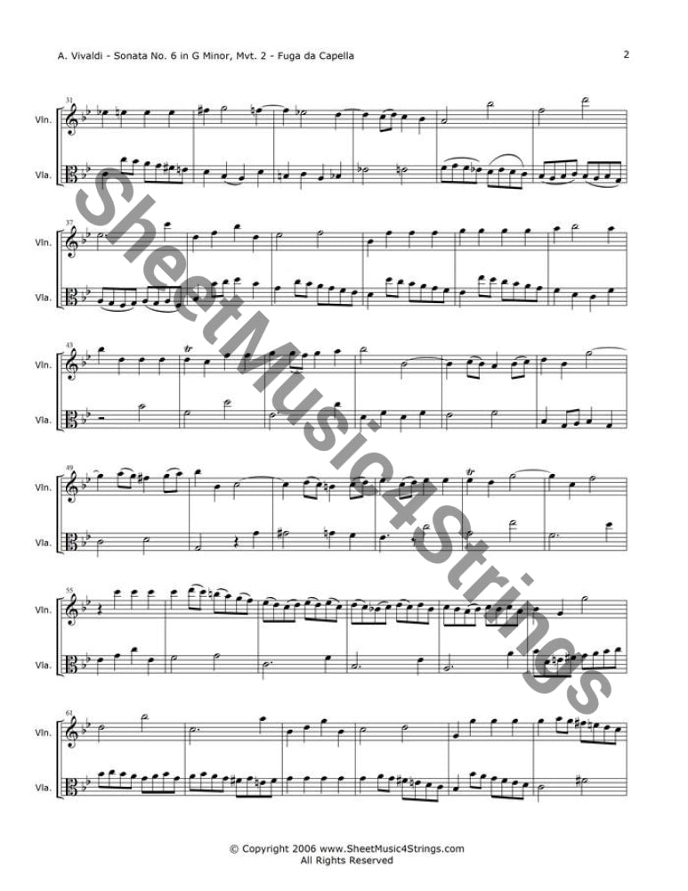 Vivaldi A. - Sonata No. 6 In G Minor Op. 13 Rv 59 Mvt. 2 (Violin And Viola Duo) Duos